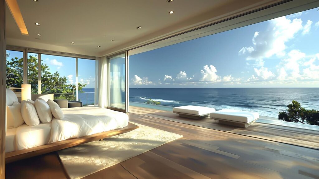 Dormitorio con ventanal y vistas al mar