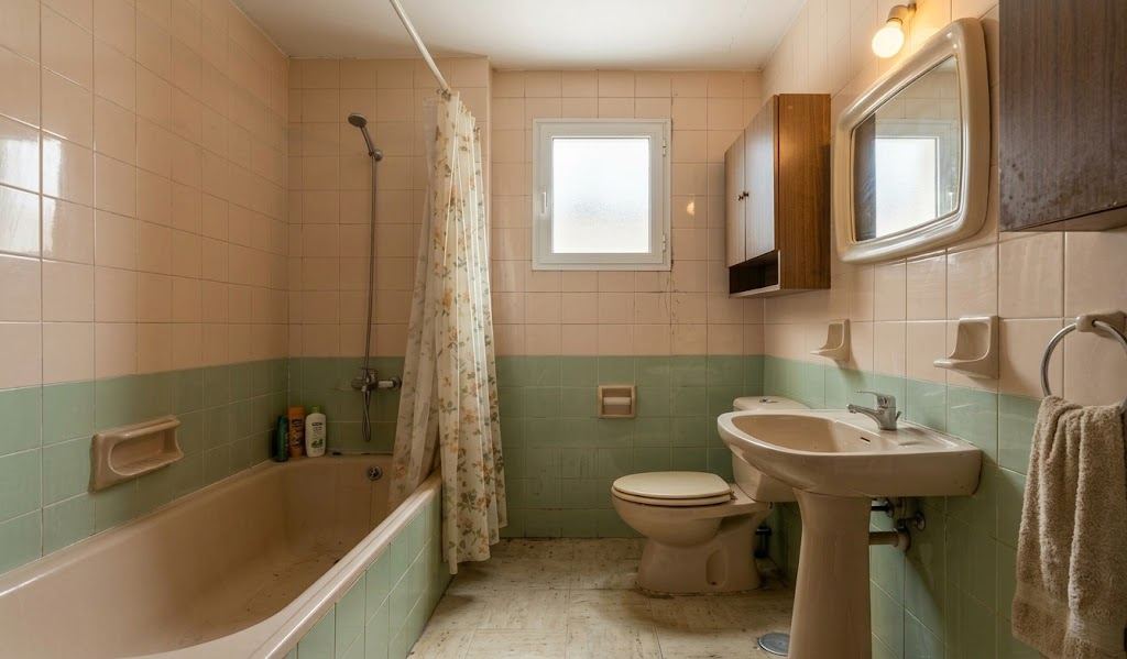 Baño antiguo con sanitarios rosas y bañera antes de la reforma