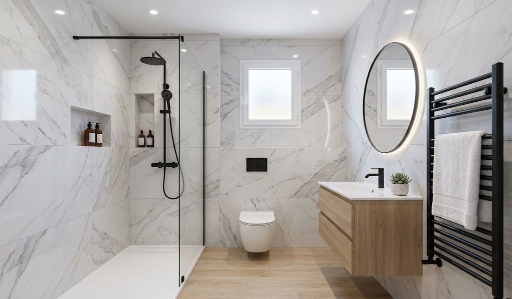 Baño reformado en blanco con ducha de obra y radiador toallero
