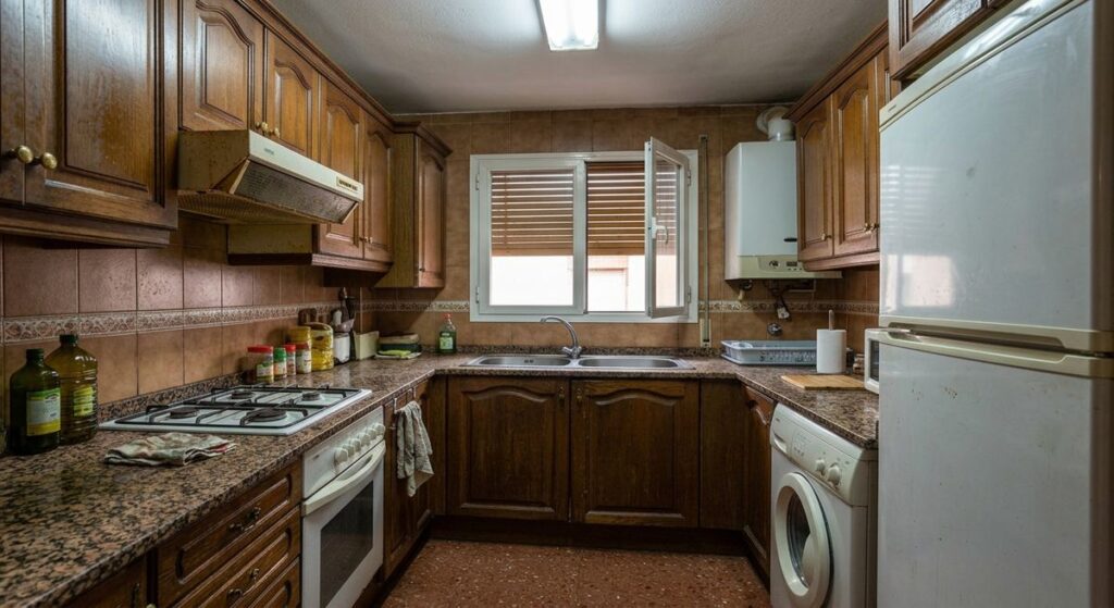 Cocina antigua con muebles de madera antes de la reforma
