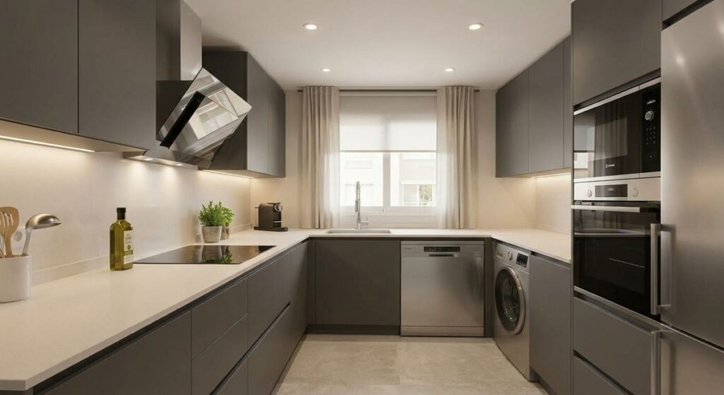 Cocina reformada en gris con encimera clara e iluminación LED
